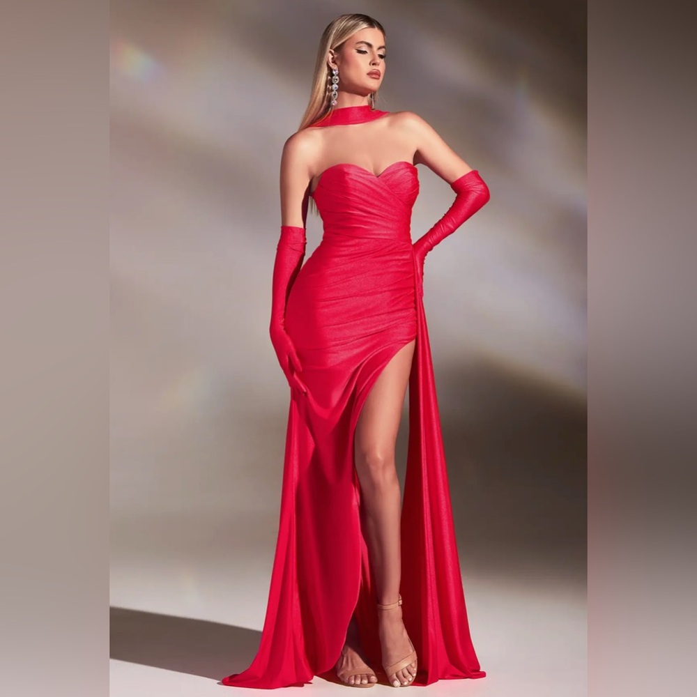 Red Strapless High-Slit Evening Gown